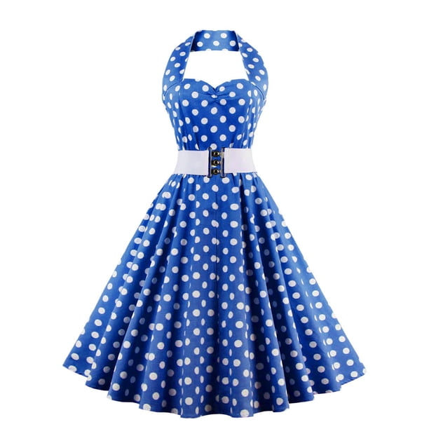 Vestidos Para Mujer Vestidos Casuales Sin Mangas Cuello Redondo Retro Estampado de Lunares Cinturón de Cintura Alta Cuello Halter Vestido Sin Espalda Odeerbi ODB149622