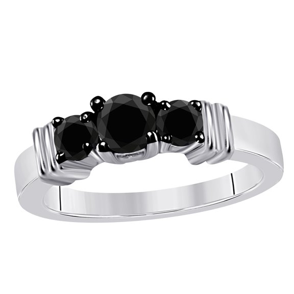 Mauli Jewels Engagement Rings for Women 1.00 Carat 3 Stone Black Diamond Enagement Ring 4-prong 14K White Gold