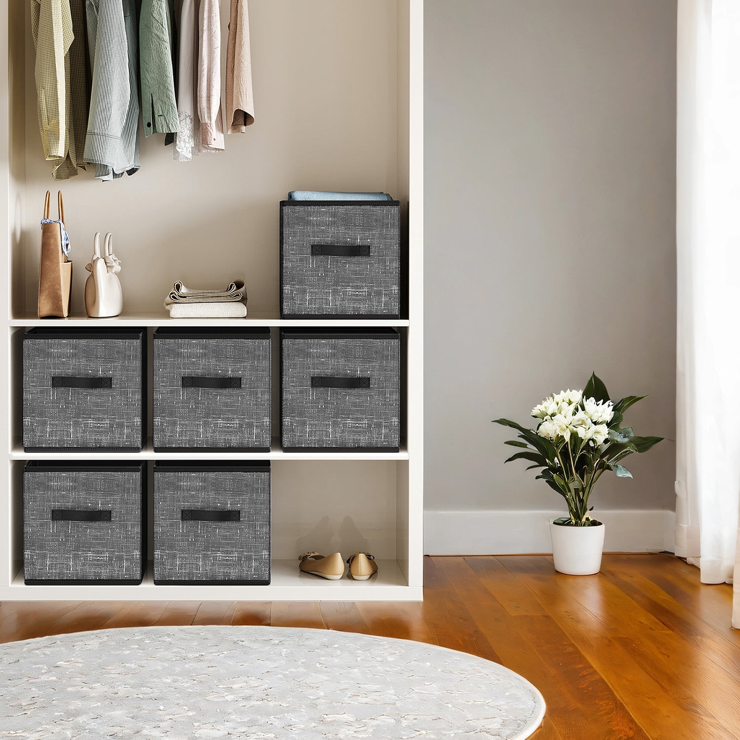 LEDREM 13" Storage Cube Organizer - 6-Pack Foldable Fabric Bins with Handles, Shelving System for Clothes, Toys, Compatible, Classic Black