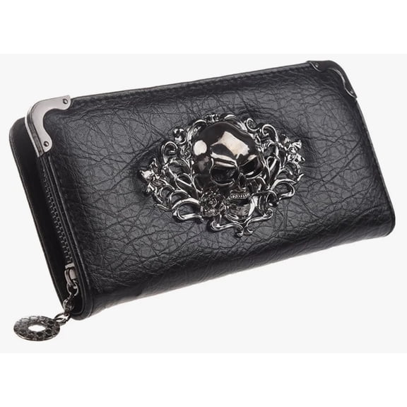 Cartera Larga Calavera Con Cremallera Estilo Gótico De Cuero Modelo Negro