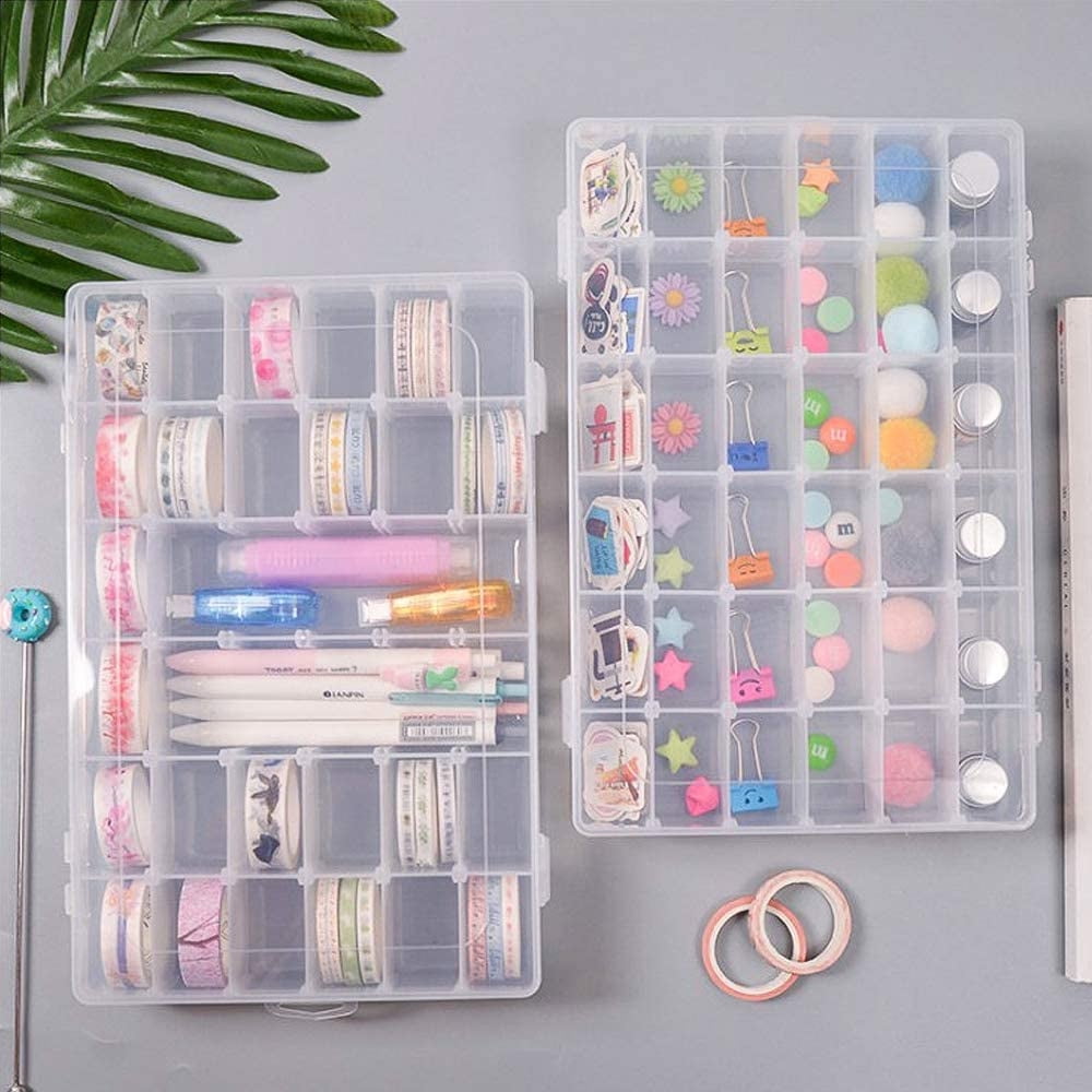 Casewin Adjustable 36 Compartment Plastic Storage Box Jewelry Earring Case Bead Organizer Case 2 Pack（Clear）