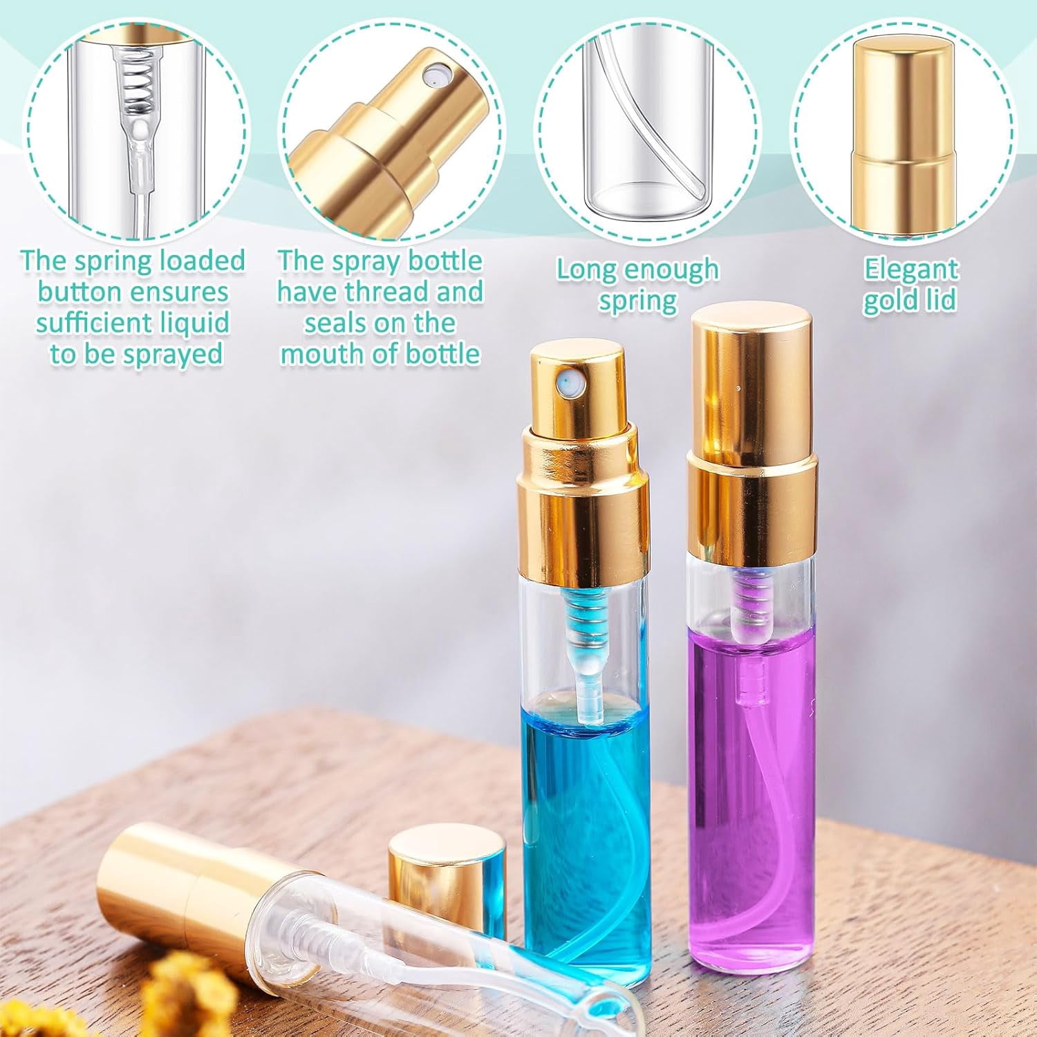 100 Pcs Mini Spray Bottles 5 ml Clear Glass Perfume Bottles Refillable Fine Mist Perfume Atomizer Portable Empty Sample Containers for Cleaning, Essential Oils, Travel (Gold Cap)