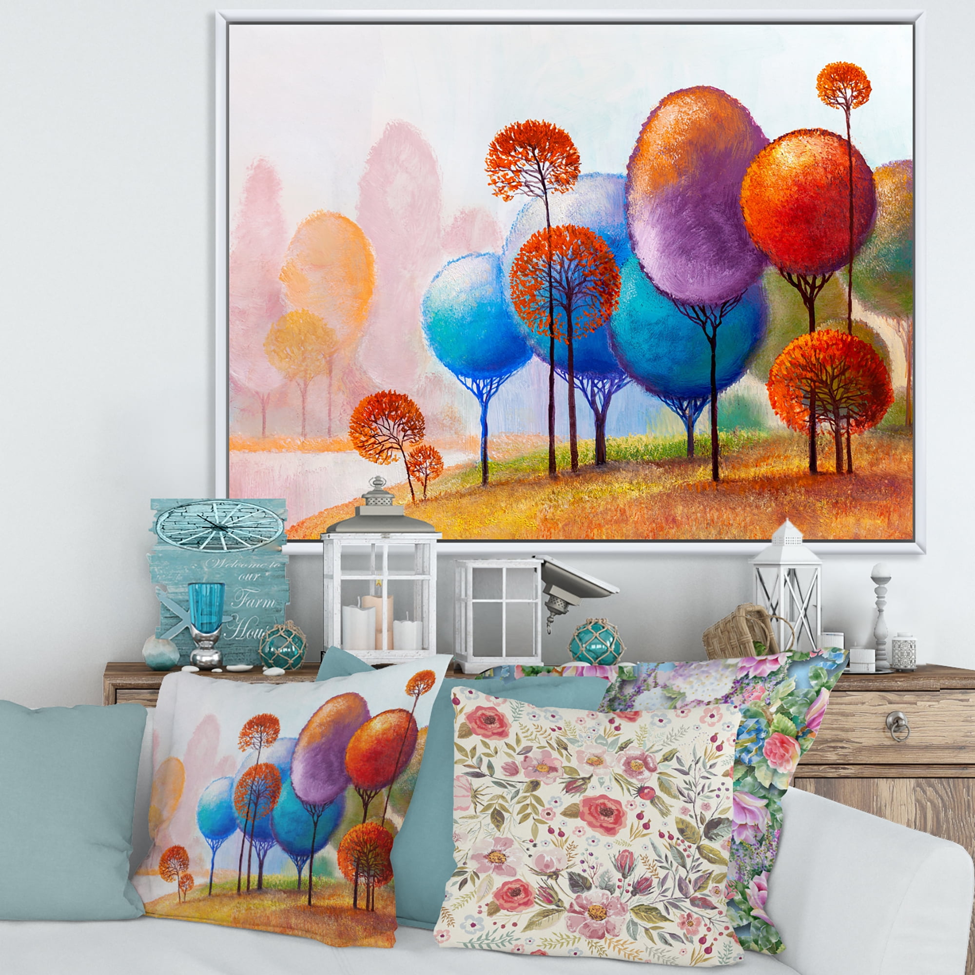Designart 'Colourful Trees Abtract Impression III' Traditional Framed Canvas Wall Art Print