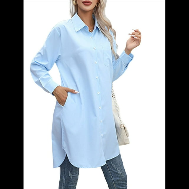 Vestido Camisero Informal para Mujer, Cuello en V, Botones, Larga, Holgado, Minivestido Azul L