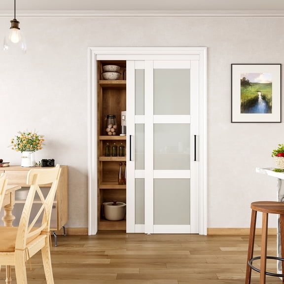 48" x 80" Closet Sliding Door Tempered Frosted 3 Lite White with Hardware & King Size Handles