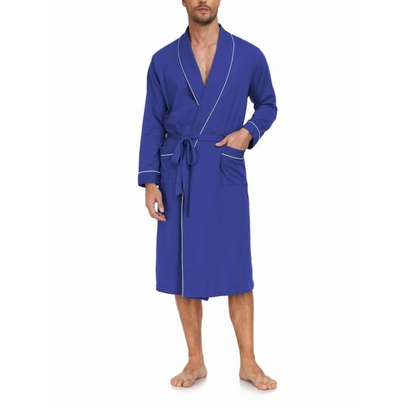 MAYFISH Men's Pure Cotton Robe, Lightweight and Soft, Long Summer Sleepwear 100% Cotton Robe with Pockets (Cobalt Blue, XL)