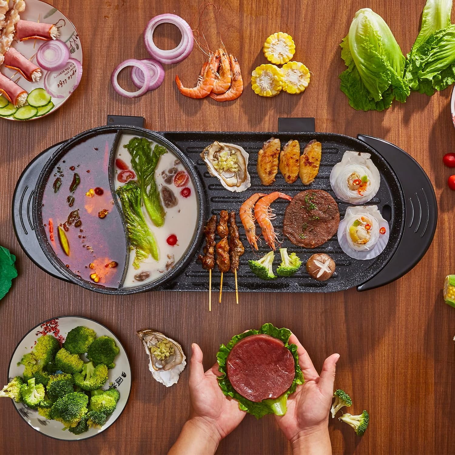 2 in 1 Electric Hot Pot Grill Teppanyaki Non-Stick Smokeless Barbecue Pan Grill 1100W Electric Smokeless Grill and Hot Pot BBQ Grill Soup Shabu Pot