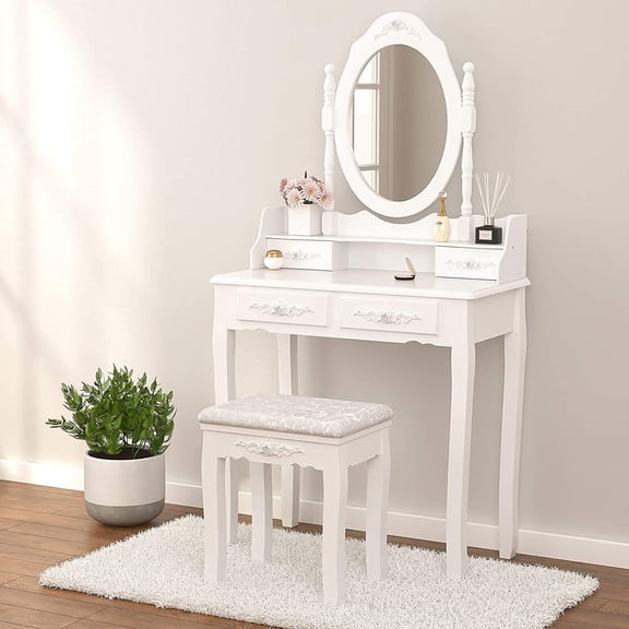 Girls Makeup Vanity Set with Mirror & Stool (Vanity Desk with Mirror)
