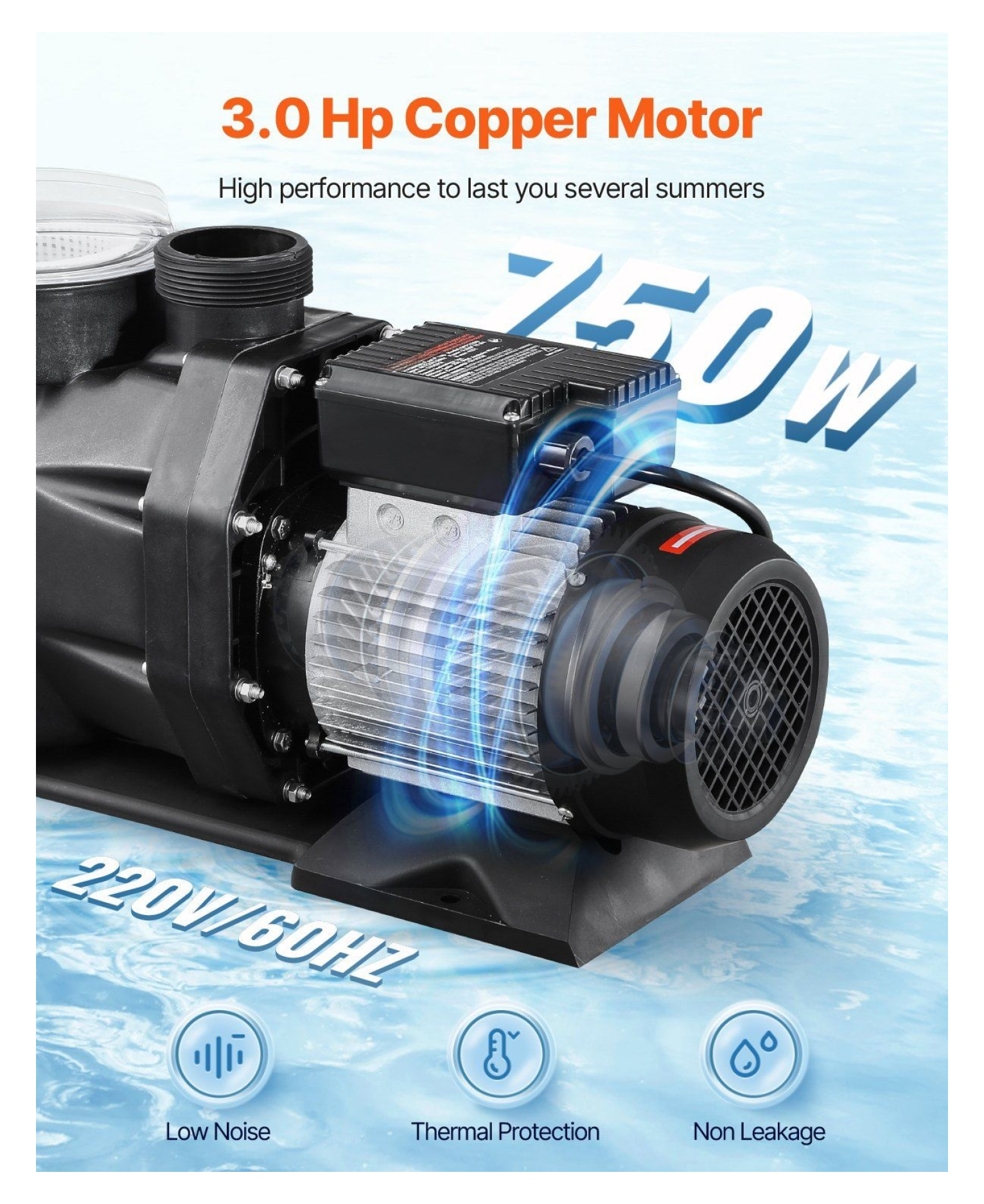 Above Ground Pool Pump 3HP 149 GPM, 220V Single Speed, 42ft Max Head, PP Shell, Pool/Spa/Irrigation, No Plug