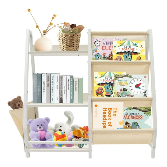 Kids Bookshelf and Toy Organizer, 3 Tier Bookshelf for Kids with Side Storage, Montessori Bookshelf for Kids Rooms, Bedroom, Playroom, Nursery, Toy Storage Organizer