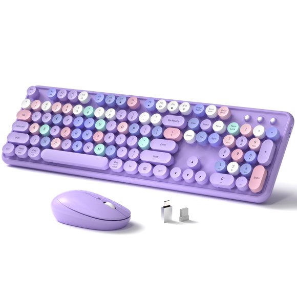 Teclado y ratón inalámbricos Links9+ de tamaño completo, retro, morado