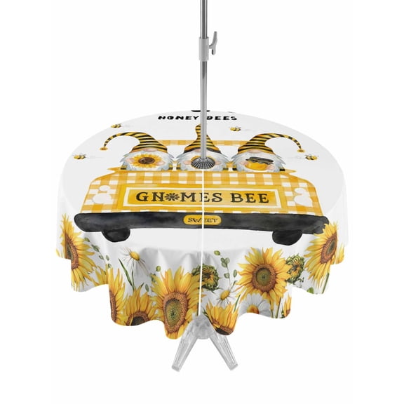 Outdoor Tablecloth with Umbrella Hole for Patio/Picnic/Party/Camping, Gnomes Sunflowers Waterproof Table Cloth Round Cover Washable, Country Yellow Floral Bees Daisy (Dia 60")