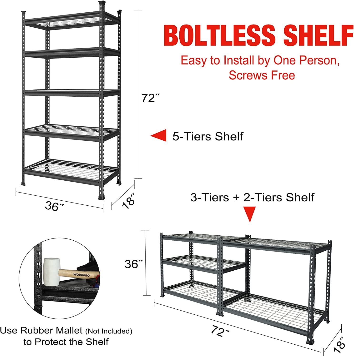 WORKPRO 4000lbs 5-Tier Metal Storage Shelving Unit, 36”W x 18”D x 72”H, Adjustable Storage Rack Heavy Duty Shelf, for Garage, Kitchen, Bathroom, Warehouse, Black