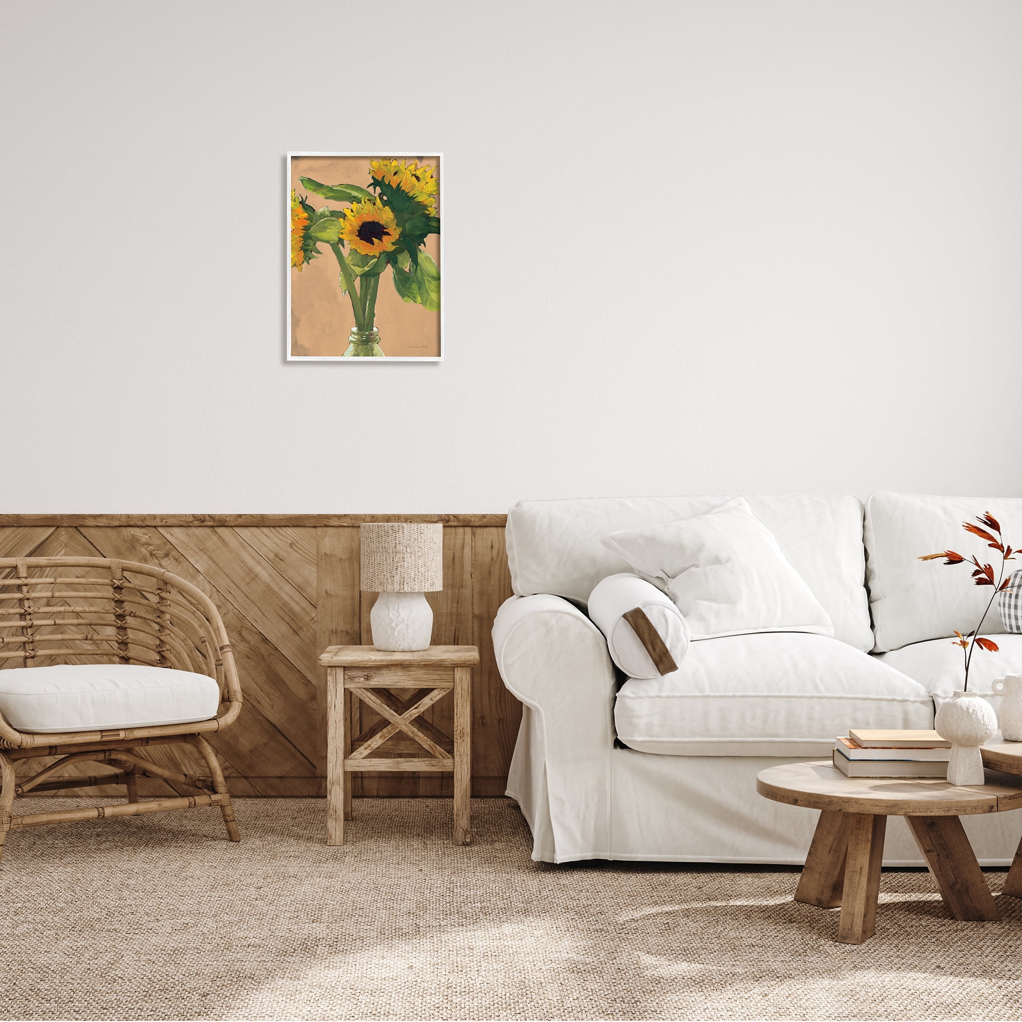 Stupell Industries Blushing Sunflower Stalks Flower Vase Glass Bottle Paintings White Framed Art Print Wall Art, 16x20, by Sara Zieve Miller