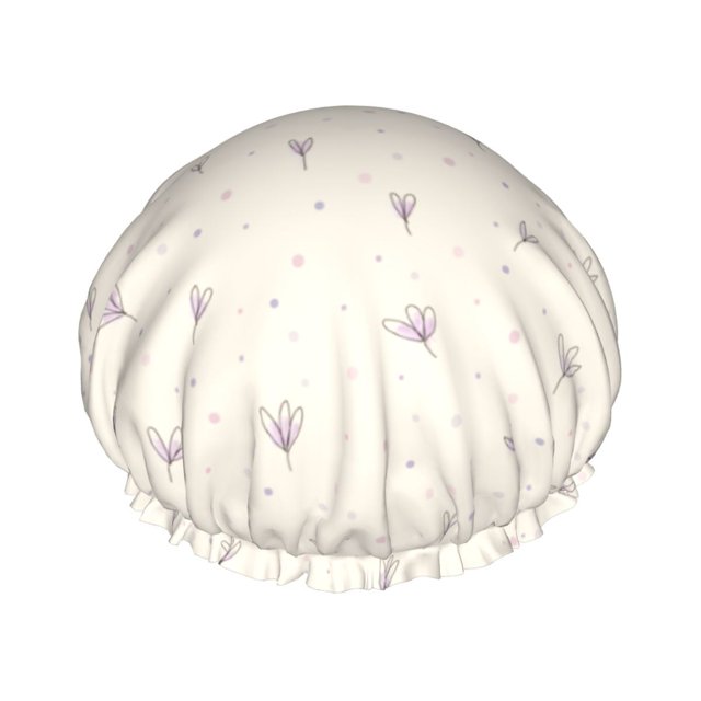 YFYANG Women's Double Waterproof Shower Cap, Beige Simple Flower Pattern Reusable Hair Cap for All Hair Styles and Head Sizes