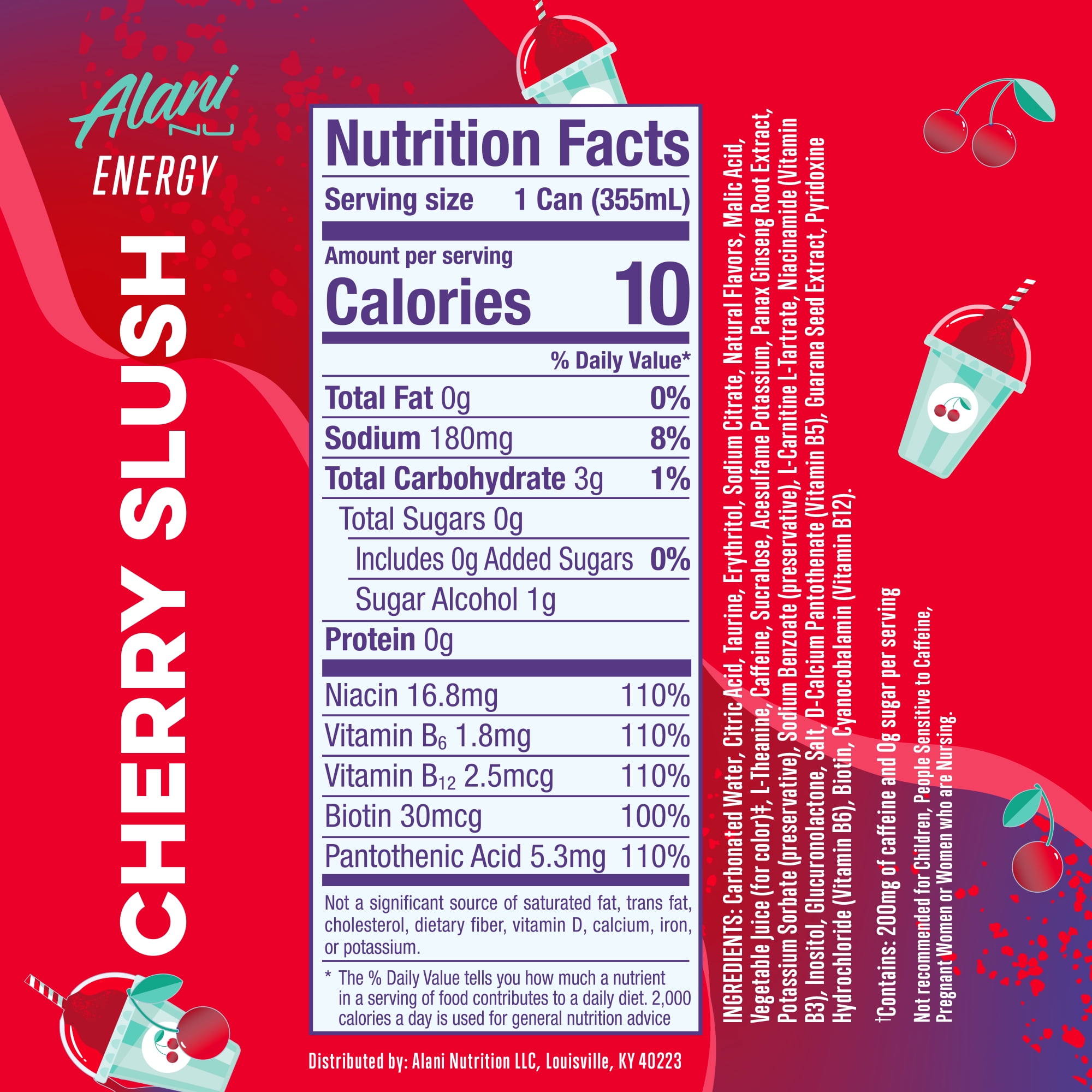 Alani Nu Sugar Free Energy Drink, Cherry Slush, 12 fl oz, 6 Pack, Cans, 200mg Caffeine