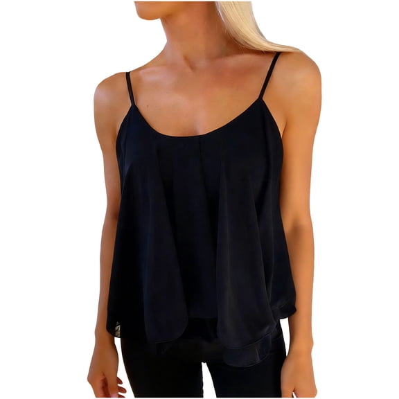 Htigea Womens Spaghetti Strap Tank Tops Chiffon Sleeveless Ruffle Flowy Tanks Casual Loose Fit Summer Tees Black S