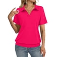 thumbnail image 3 of Womens Polo Shirts Short Sleeve Banded Bottom Business Tops Collared V Neck Casual Dressy Blouses Hot Pink XL, 3 of 6