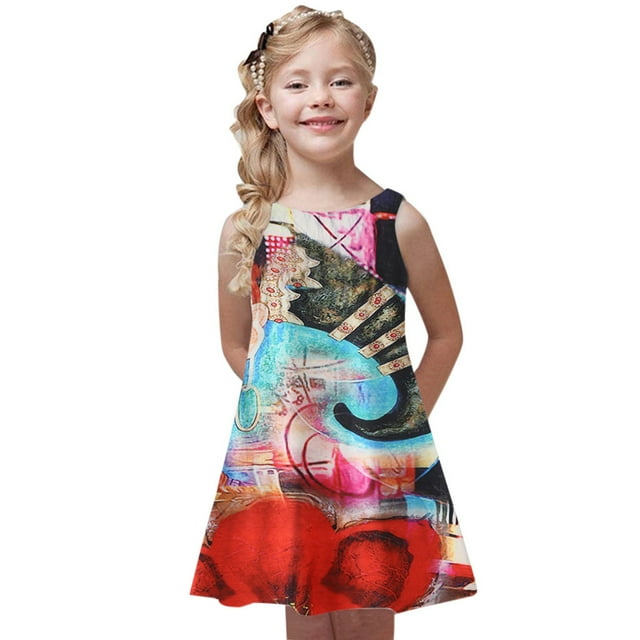 Dvkptbk Robe d'Été Fille Manches Courtes Florale Tropicale Robes Swing T-Shirt 4 Juillet Robe d'Été - Soldes d'Été