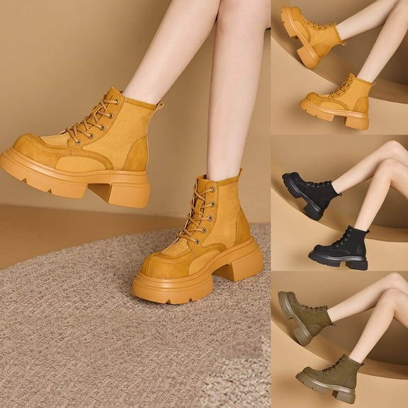Work Boots Thick-Soled Chunky Low Heel Round Toe Ankle Booties Fashion Casual Solid Color Comfortable Warm Fall Winter Shoes for Women Black 7