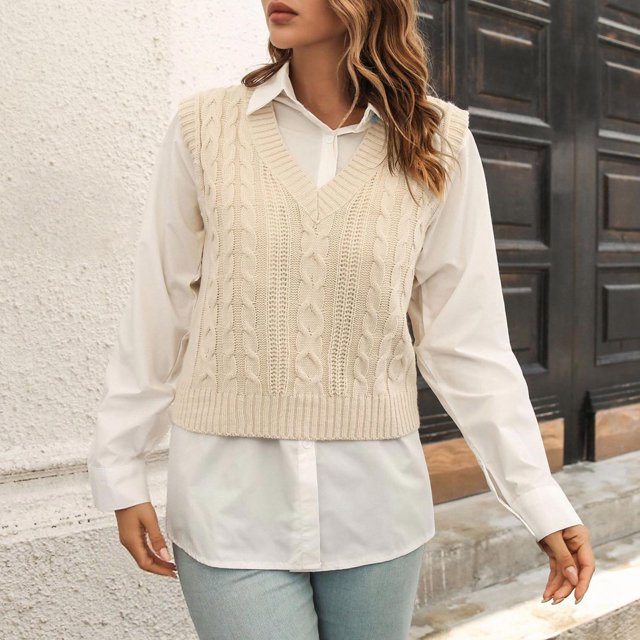 RKSTN Chandails pour Femmes Chandail Tricoté Décontracté Sans Manches Col en V Gilet Mode Automne