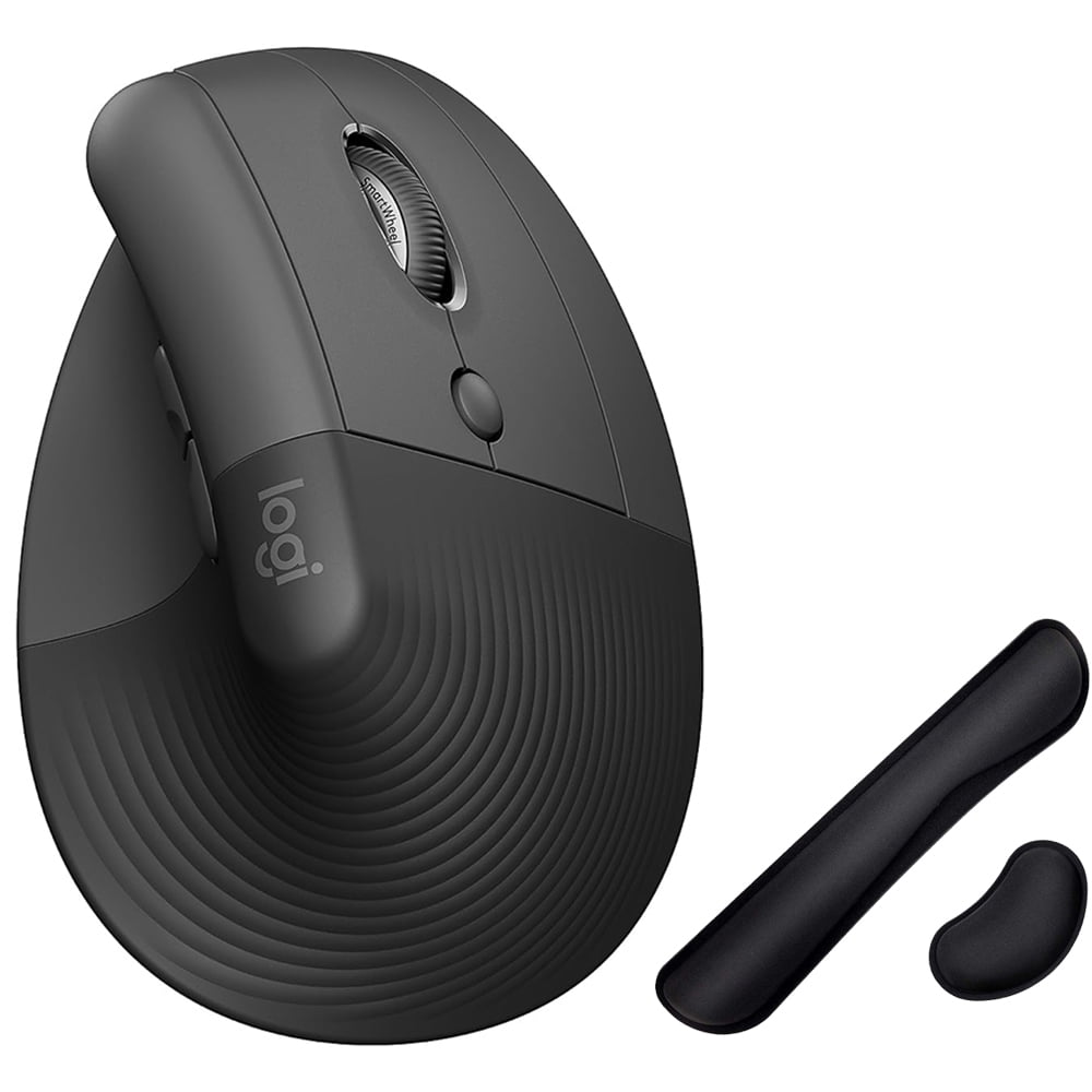 Logitech Core 910-006466 Ergo Series LIFT Vertical Ergonomic Wireless Mouse Bluetooth/USB Graphite Bundle with Deco Essentials Keyboard and Mouse Gel Memory Foam Wrist Pads