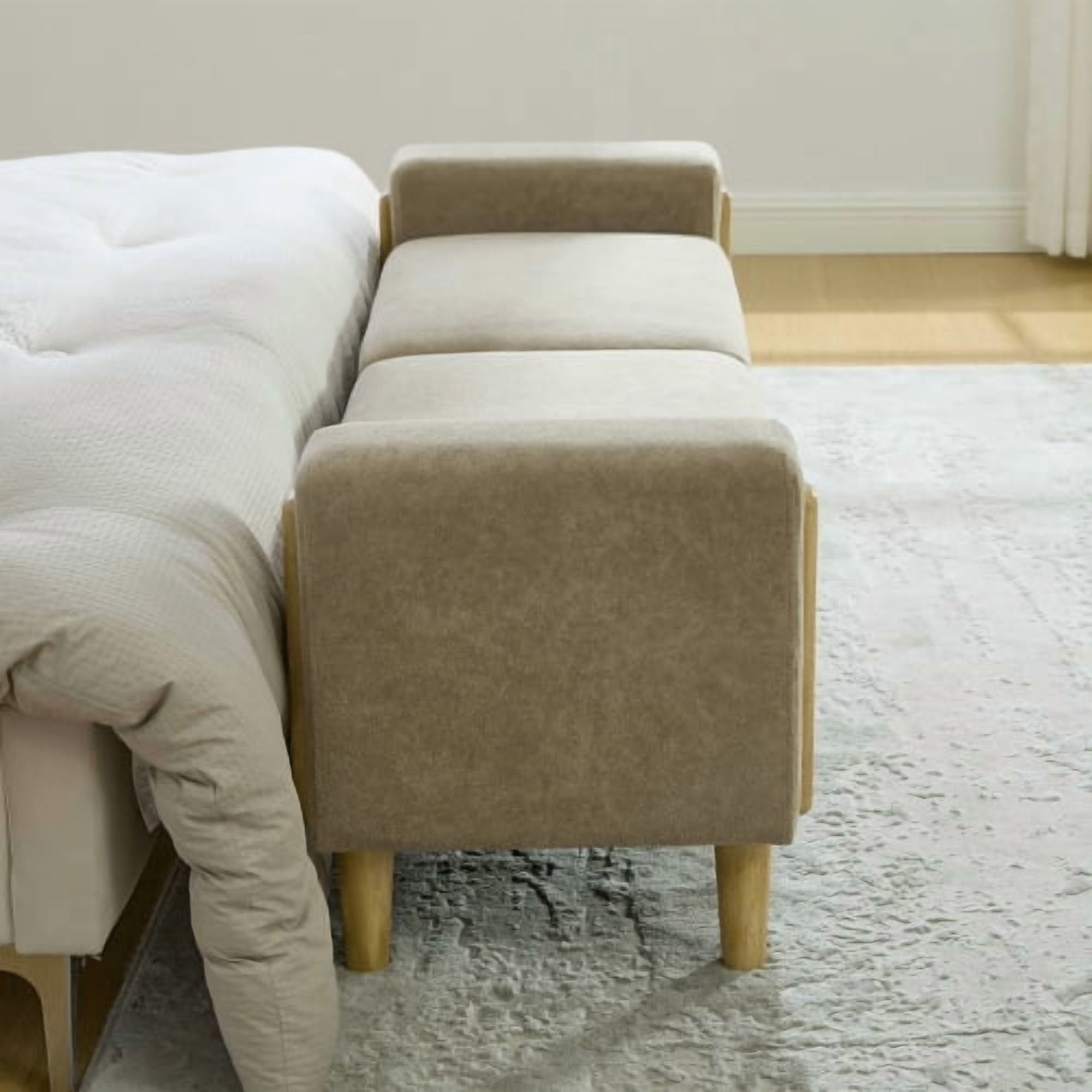 65.67" Wide Modern Upholstered Storage Bench with Double Lids and Armrest, Chenille Fabric, Rubberwood Legs, for Living Room, Entryway, Bedroom, Dormitory, Greige