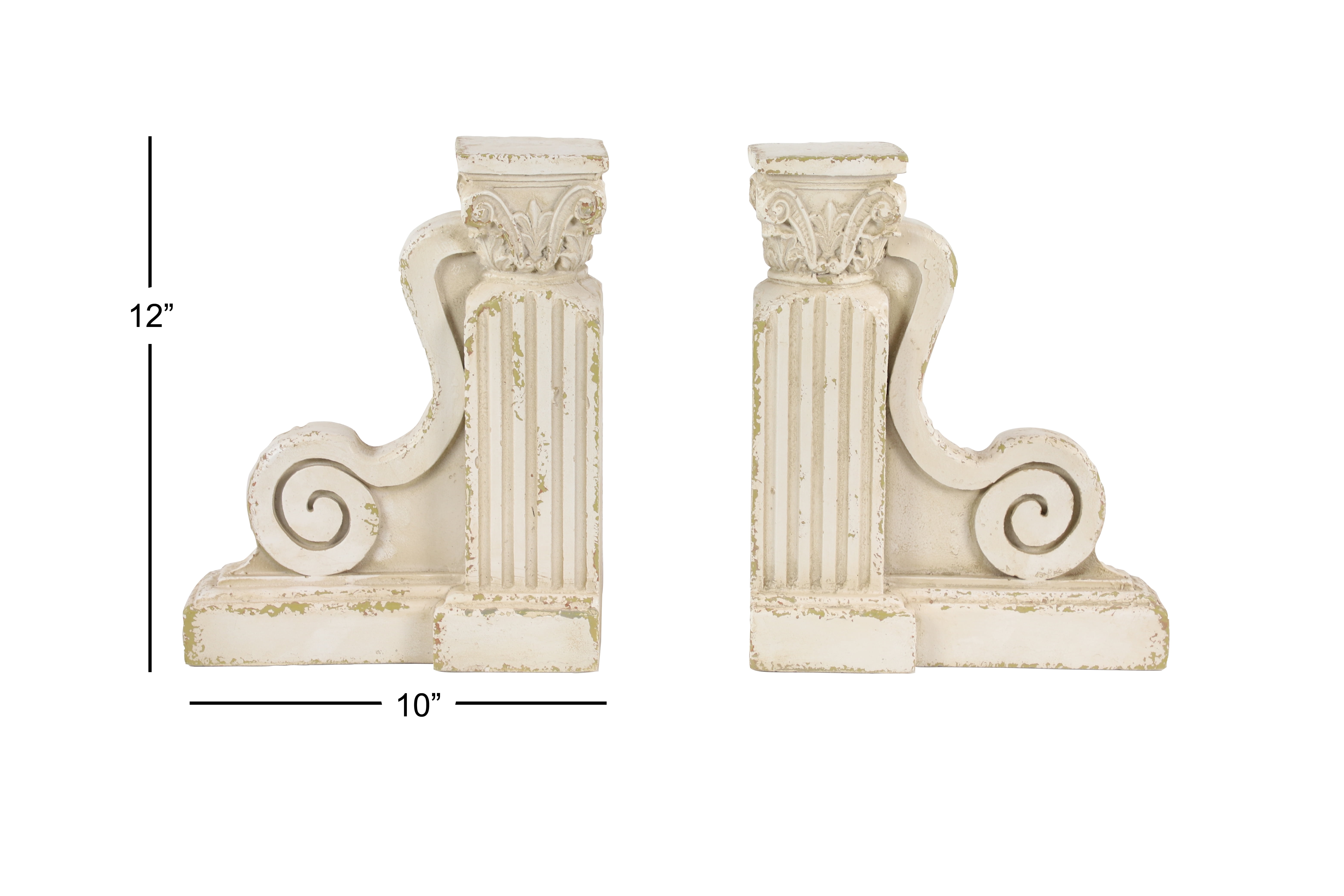 Decmode - 10” x 12” Large Distressed White Decorative Pillar Scroll Bookends