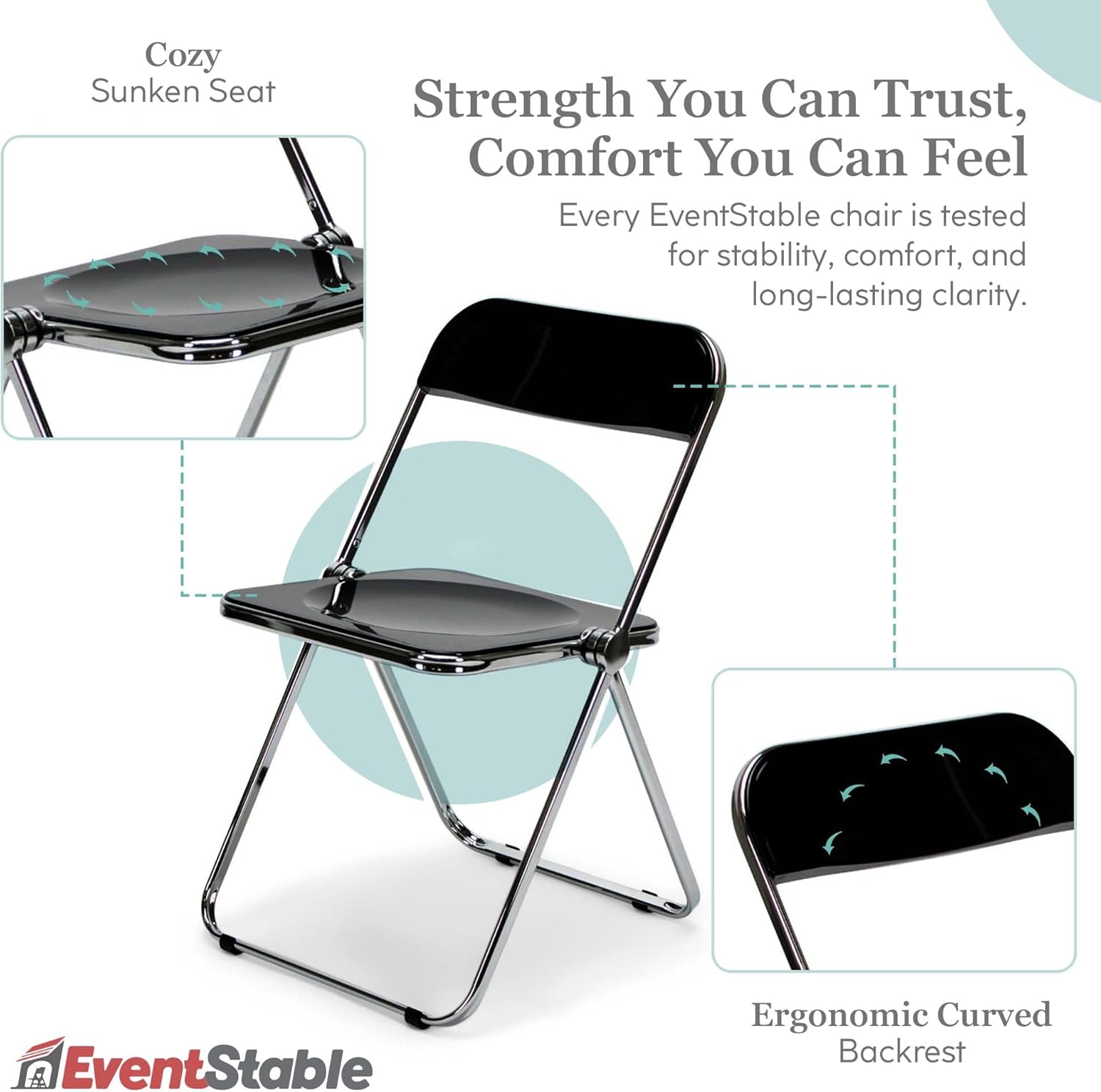 EventStable Clear Acrylic Folding Chair with Electroplate Chrome Frame, Lightweight Portable Seating Stackable Comfortable Chair for Indoor Outdoor Dining, Events & Parties - Onyx - 4-Pack