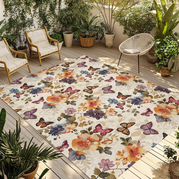 Flower Butterfly Outdoor Rug 6x9 ft Leaf Floral Non Slip Patio Rug Washable Absorbent Large Outdoor Carpet Outside Mat for Porch RV Garden Camping