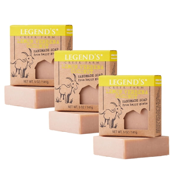 Legend's Creek Farm Jabón de leche de cabra, barra limpiadora hidratante para manos y cuerpo, espuma cremosa y nutritiva, suave para pieles sensibles (limón, verbana, coco, paquete de 3)