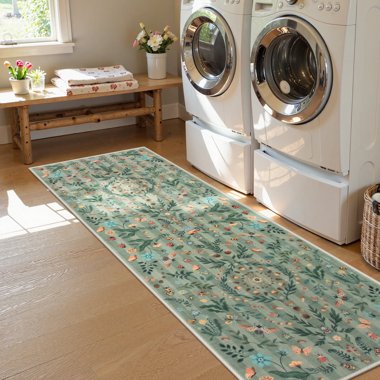 Wonnitar 2x6 Insect Kitchen Runner Rug, Ultra Thin Green Boho Floral Runners for Hallway, Soft Low Pile Washable Runner Rugs, Non Slip Rug Runner for Entryway Laundry