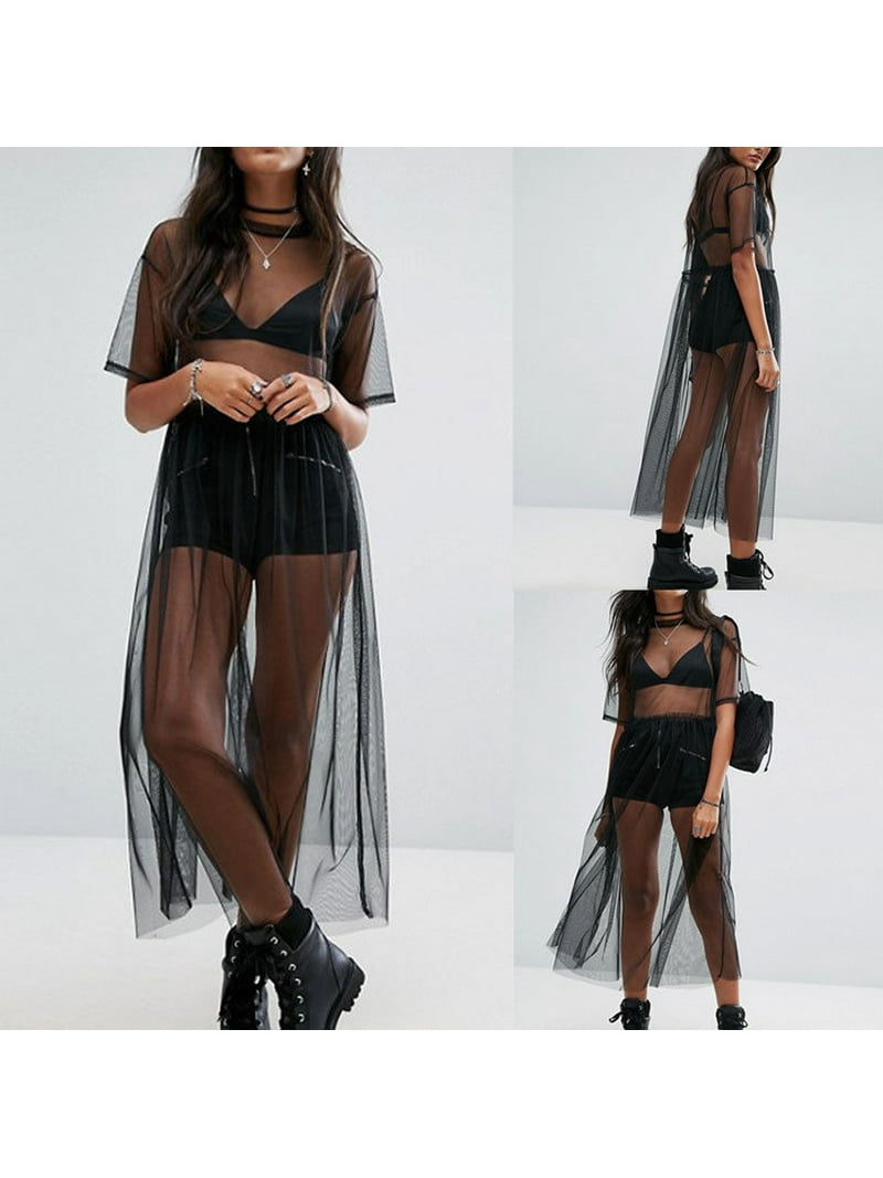 Women's Short Sleeve See Through Gauze Sheer Galaxy Mesh T Shirt