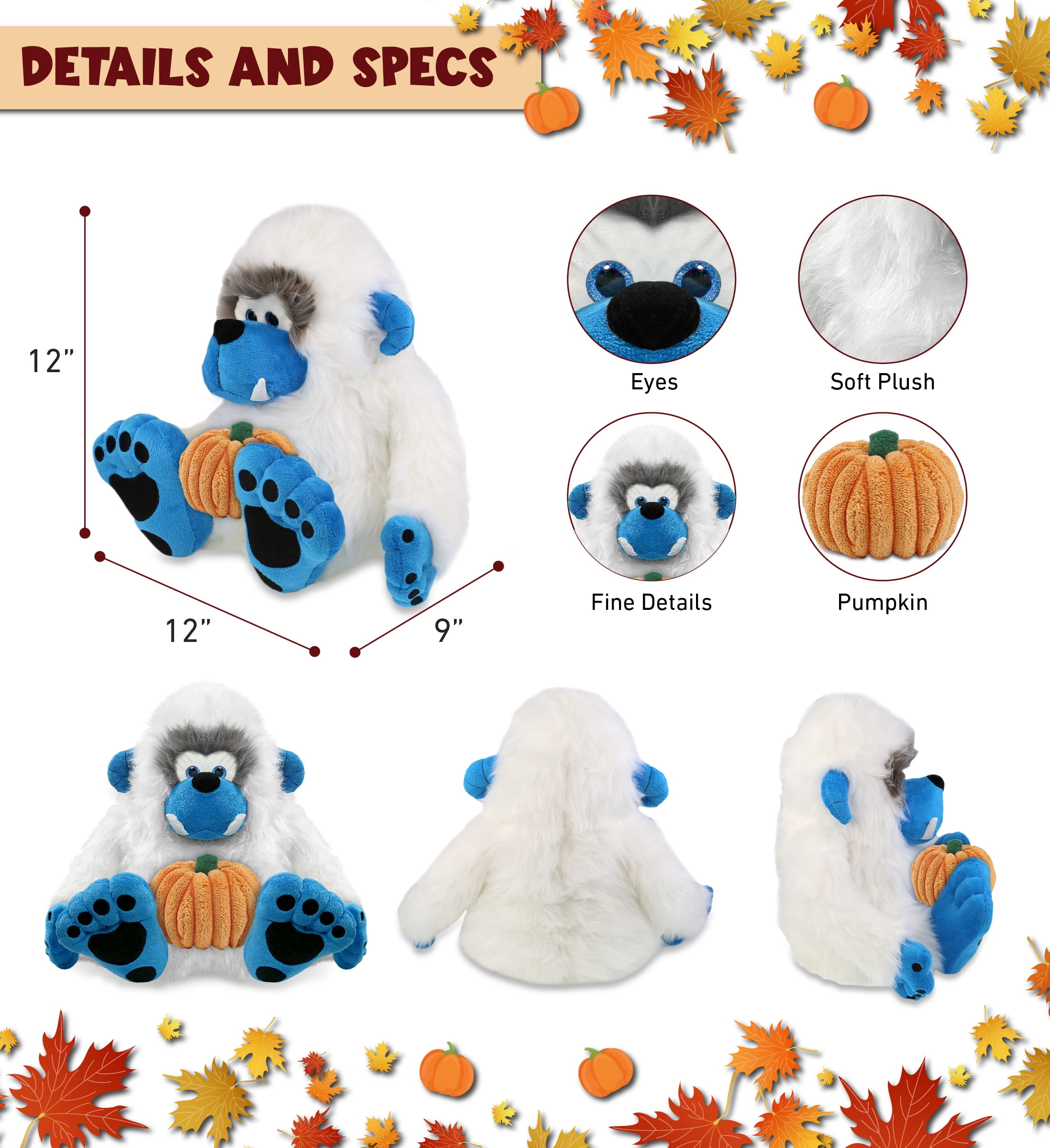 DolliBu Super Soft Yeti Stuffed Animal with Pumpkin Decor - Pumpkin Plush Animal for Fall, Halloween and Thanksgiving, Pumpkin Toy for Baby, Kids, Adults - 12 Inches