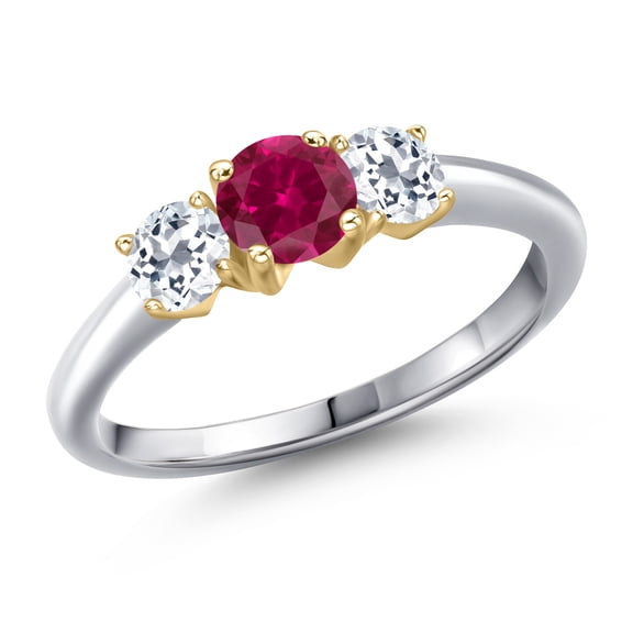 Gem Stone King 10K Two Tone Gold Red Created Ruby and White Topaz Engagement Ring for Women | 1.26 Cttw | Round 5MM | Gemstone July Birthstone | Size 8