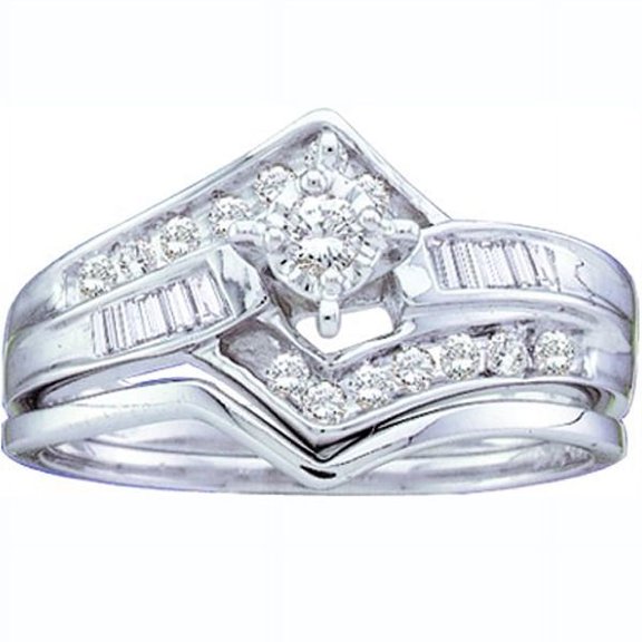 Dazzlingrock Collection 0.25 Carat (ctw) 14k Round & Baguette White Diamond Bridal Engagement Wedding Ring Set 1/4 CT, White Gold