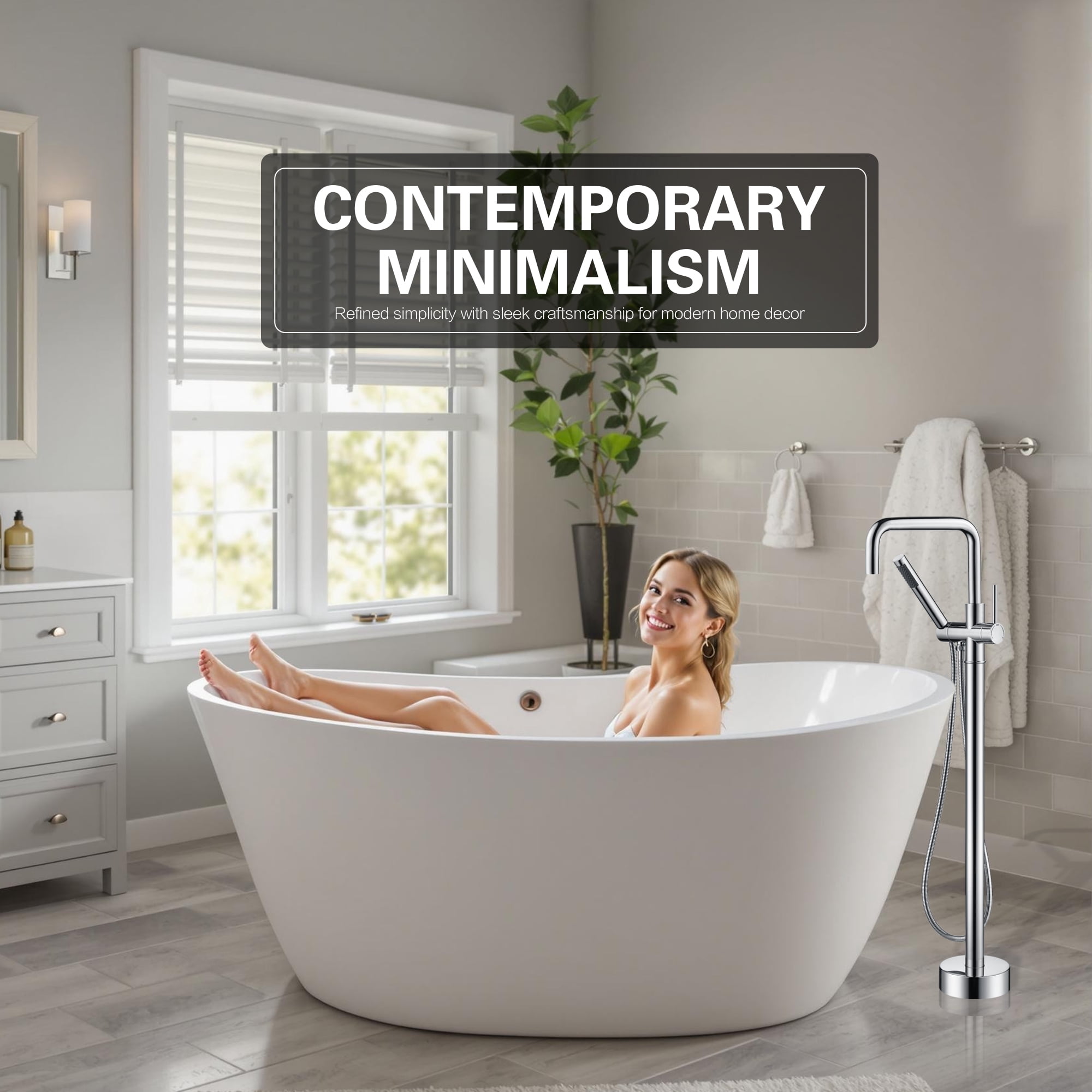 sumerain Freestanding Bathtub Faucet with Hand Shower, Floor Mount Tub Faucet Brass Single Handle High Flow Chrome
