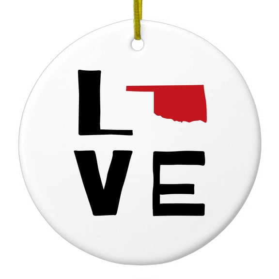 DistinctInk Hanging Ceramic Christmass Tree Ornament with Gold String - Great Gift / Present - 2 3/4 inch diameter - Oklahoma - Love Black & Red