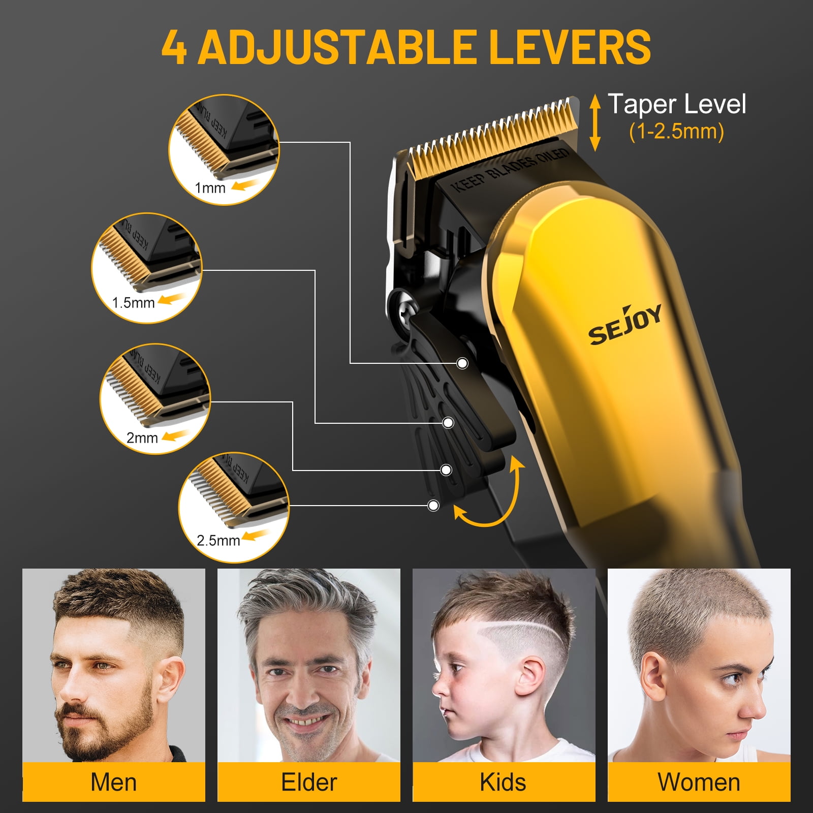 Sejoy Hair Clippers for Men, Professional Hair Trimmer, Cordless Barber Hair Grooming Kit, Beard Trimmer,Rechargeable Home Haircut for Women & Children LED Display USB Rechargeable,Gold