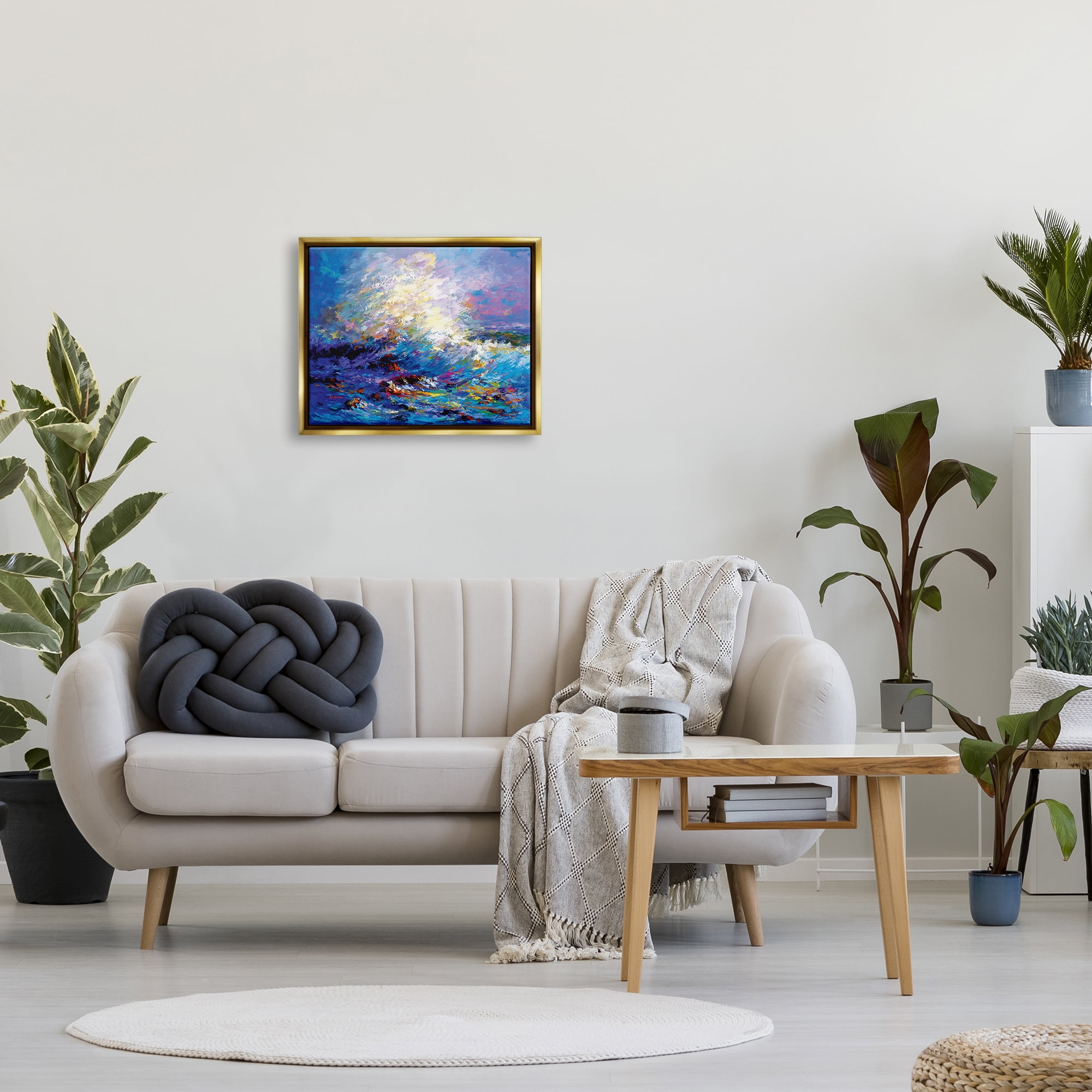 Stupell Industries Abstract Colorful Ocean Waves Landscape Painting Gold Floater Framed Canvas Art Print Wall Art, 21 x 17