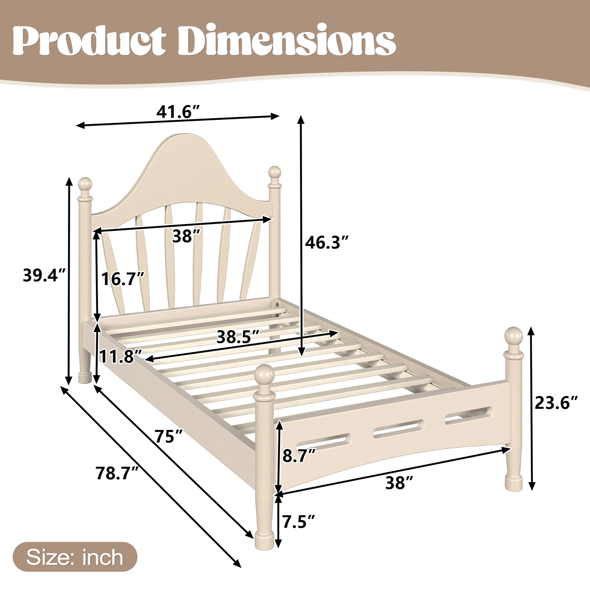 Leumius Twin Size Platform Bed with Chic Headboard, Solid Wood Bed Frame with Slatted Support, Low to Ground Design for Bedroom Beige