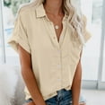 thumbnail image 2 of Ecqkame Tops Women Fashion Summer Loose Causal Solid Color Short Sleeve Button Lapel Tops Womens Tops Khaki M, 2 of 5