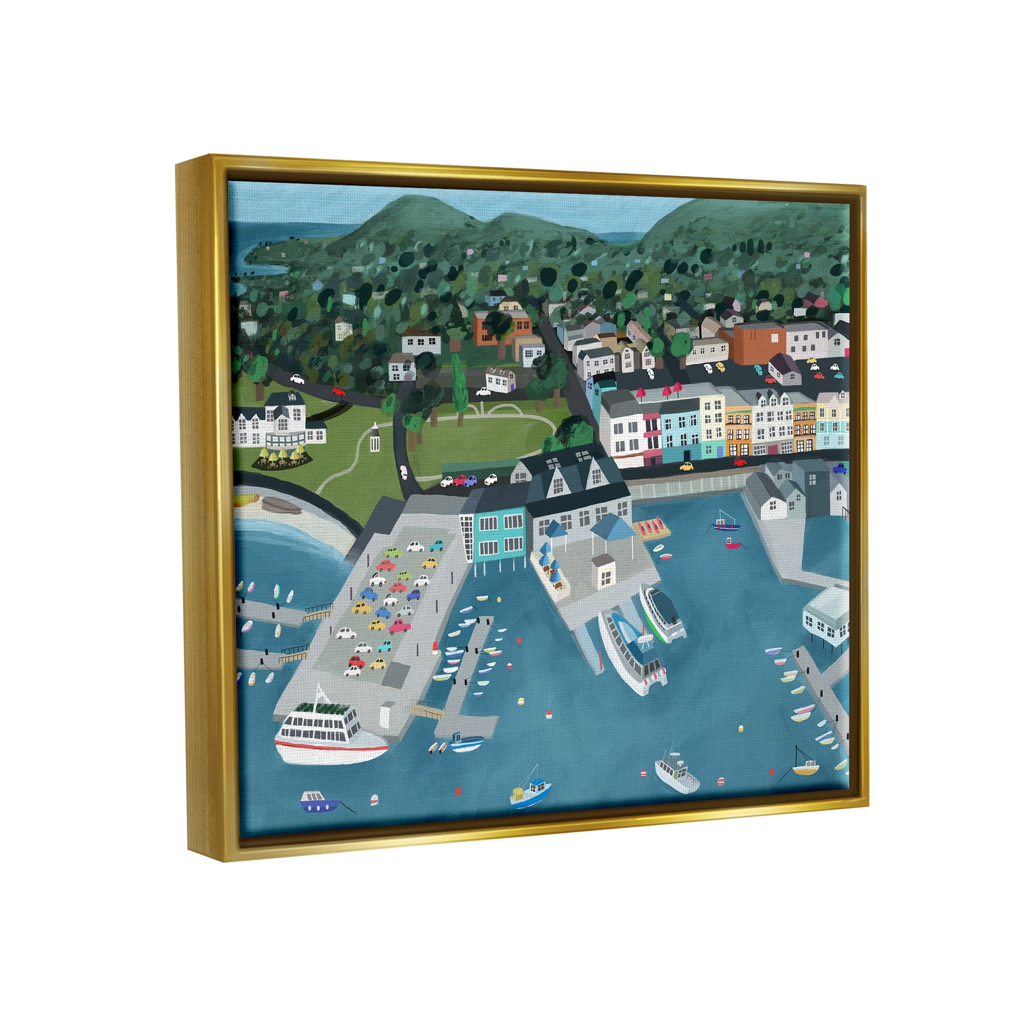 Stupell Industries Bar Harbor Port Town View Landscape Painting Gold Floater Framed Art Print Wall Art