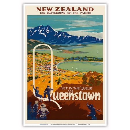 New Zealand - Playground of the Pacific - Get in the Queue for Queenstown - Vintage Travel Poster c.1930 - Master Art Print (Unframed) 13in x 19in