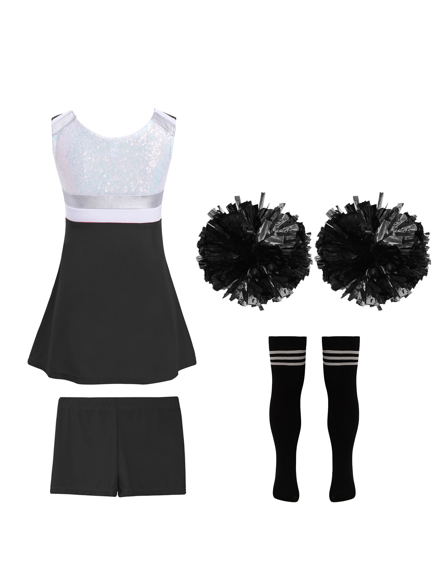 TiaoBug Kids Girls Cheer Leader Uniform Sports Games Cheerleading Dance Outfits Halloween Carnival Fancy Dress Up A Black&White-A 14 - image 2 of 5