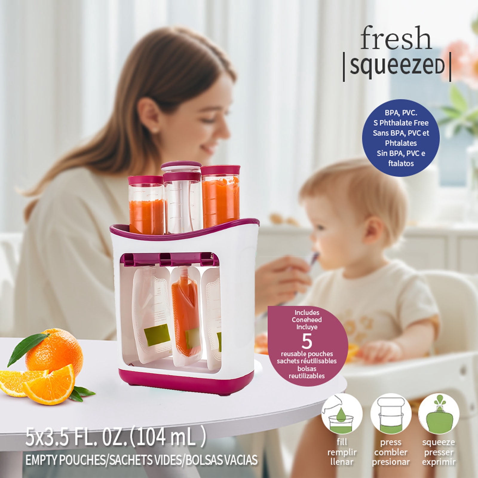 Leyeet Baby Food Squeeze Station, Fill 3 Reusable Pouches at Once, BPA-Free Homemade Puree Maker with 10 Storage Bags, Homemade Baby Food Prep Essential, Baby Food Maker for Kids