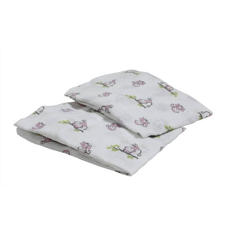 Happy Monkey - Bacati - Happy Monkeys Crib/Toddler Bed Fitted Sheets 100% Cotton Muslin 2 Pack, Pink