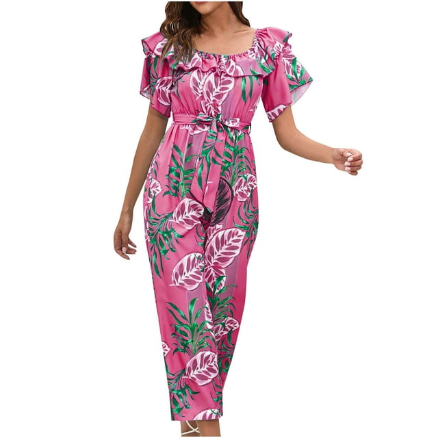Penkiiy Combinaisons pour Femmes Mode Décontractée Imprimée Volants Bretelles une Épaule Combinaison Grand Rose TP Combinaisons