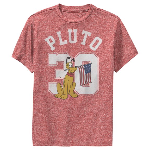 Boy's Mickey & Friends Pluto 30 American Flag  Performance Graphic Tee Red Heather X Large