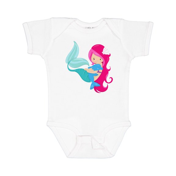 Inktastic Mermaid And Dolphin, Mermaid With Pink Hair Girls Baby Bodysuit